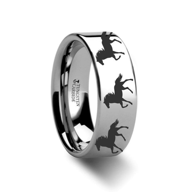 Brunswick Horse Print Ring Engraved Flat Tungsten Carbide - 4mm - 12mm