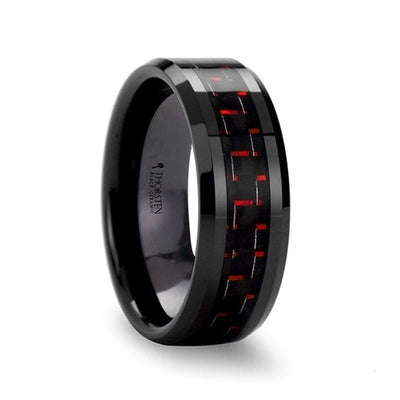 CADAO Beveled Black Ceramic Ring With and Red Carbon Fiber Inlay 4mm - 10mm