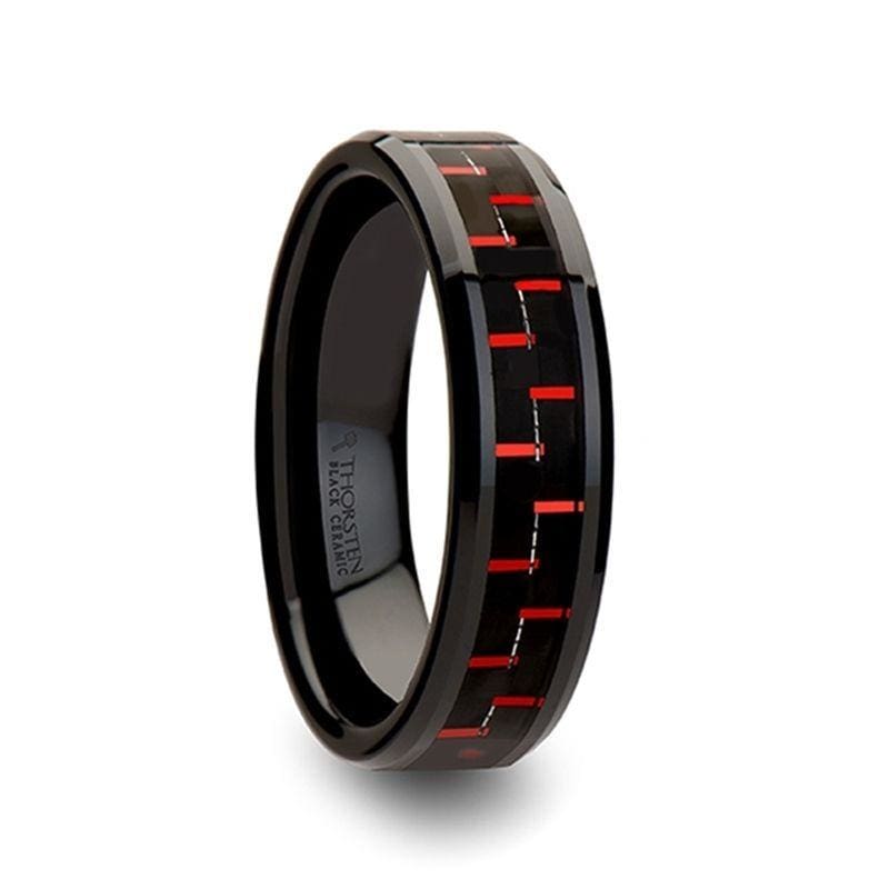 CADAO Beveled Black Ceramic Ring With and Red Carbon Fiber Inlay 4mm - 10mm