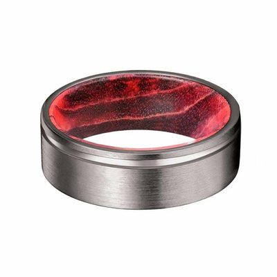 CAIRO Pipe Cut Men’s Grooved Tungsten Ring with Black Red Elder Wood Sleeve 8mm