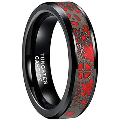 Camden Black Tungsten Carbide Ring Red Steampunk Gear Wheel Design - 8mm