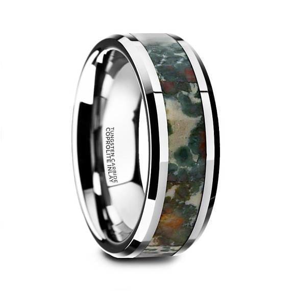 Camo Tungsten Wedding Ring Coprolite Fossil Inlay Beveled Polished Finish - 8mm