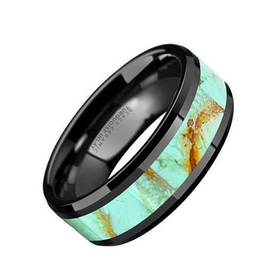 Ceramic Black Wedding Band Light Blue Turquoise Stone Inlay Beveled Polished Finish - 8mm