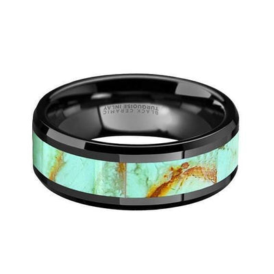 Ceramic Black Wedding Band Light Blue Turquoise Stone Inlay Beveled Polished Finish - 8mm