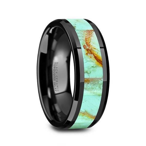 Ceramic Black Wedding Band Light Blue Turquoise Stone Inlay Beveled Polished Finish - 8mm