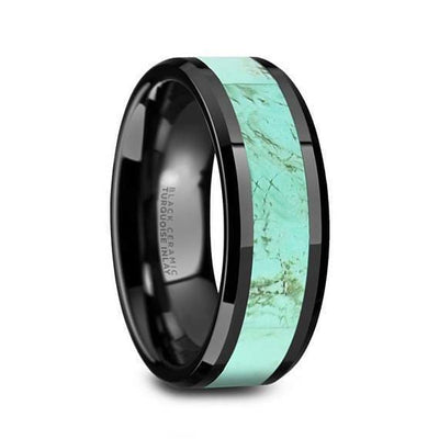 Ceramic Black Wedding Band Light Blue Turquoise Stone Inlay Beveled Polished Finish - 8mm