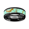 Ceramic Black Wedding Band Light Blue Turquoise Stone Inlay Beveled Polished Finish - 8mm