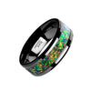 Ceramic Black Wedding Ring Blue & Orange Opal Inlay Beveled Polished Finish - 8mm