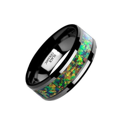 Ceramic Black Wedding Ring Blue & Orange Opal Inlay Beveled Polished Finish - 8mm