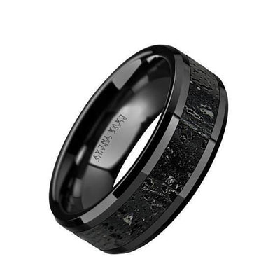 Ceramic Wedding Ring Black & Gray Lava Rock Stone Inlay Beveled Polished Finish 6mm 8mm