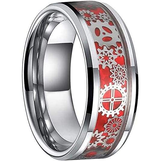 Chester Men’s Steampunk Gear Wheel Red Carbon Fiber Inlay Tungsten Ring - 8mm