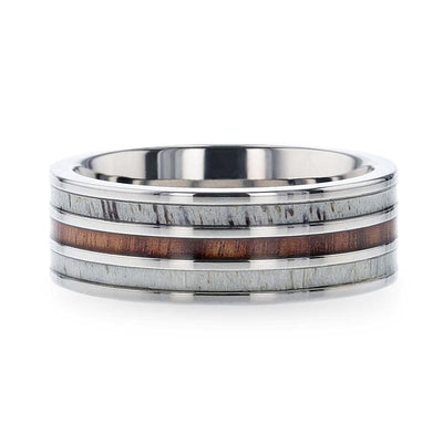 CHICO Wood Inlaid Titanium Wedding Ring White Double Deer Antler Edges - 8mm