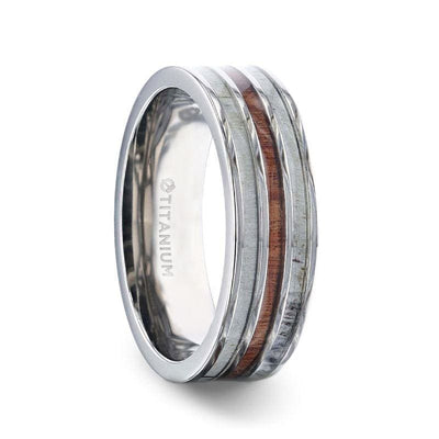 CHICO Wood Inlaid Titanium Wedding Ring White Double Deer Antler Edges - 8mm