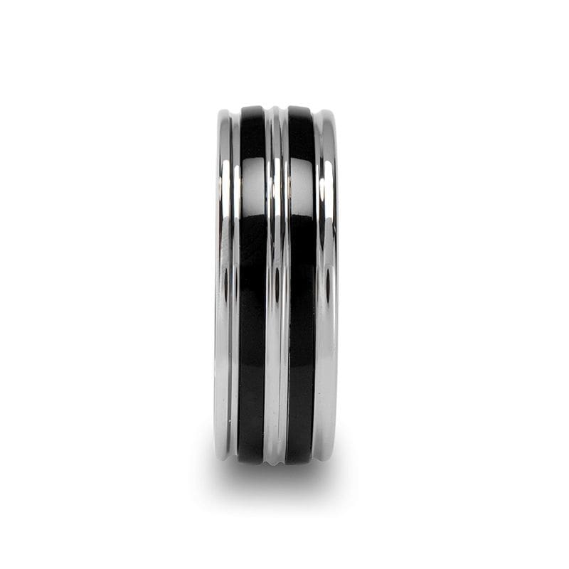 CLANTON Tungsten Wedding Band With Dual Offset Black Ceramic Inlays - 8mm