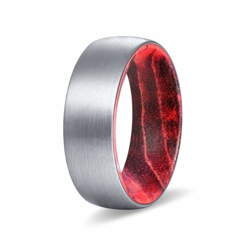 DALLAS Domed Men’s Tungsten Ring with Black/Red Box Elder Wood Sleeve 8mm