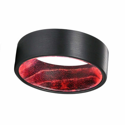 DALLON Flat Black Tungsten Ring with Red/Black Box Elder Wood Sleeve 8mm