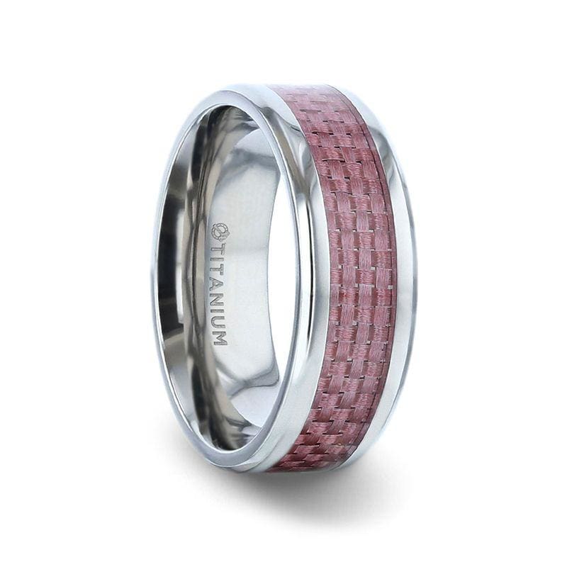 DALTON Pink Carbon Fiber Inlaid Titanium Men’s Wedding Ring Beveled Edges 8mm