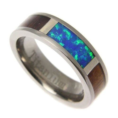 Damarion Titanium Band Genuine Hawaiian Koa Wood Inlay Opal Comfort Fit Ring - 6mm