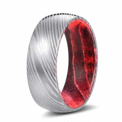 DANNON Domed Damascus Steel Ring with Black/Red Box Elder Wood Sleeve 8mm