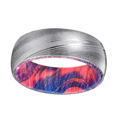 DEO Brushed Damascus Steel Ring with Red & Blue Box Elder Wood Sleeve 8mm