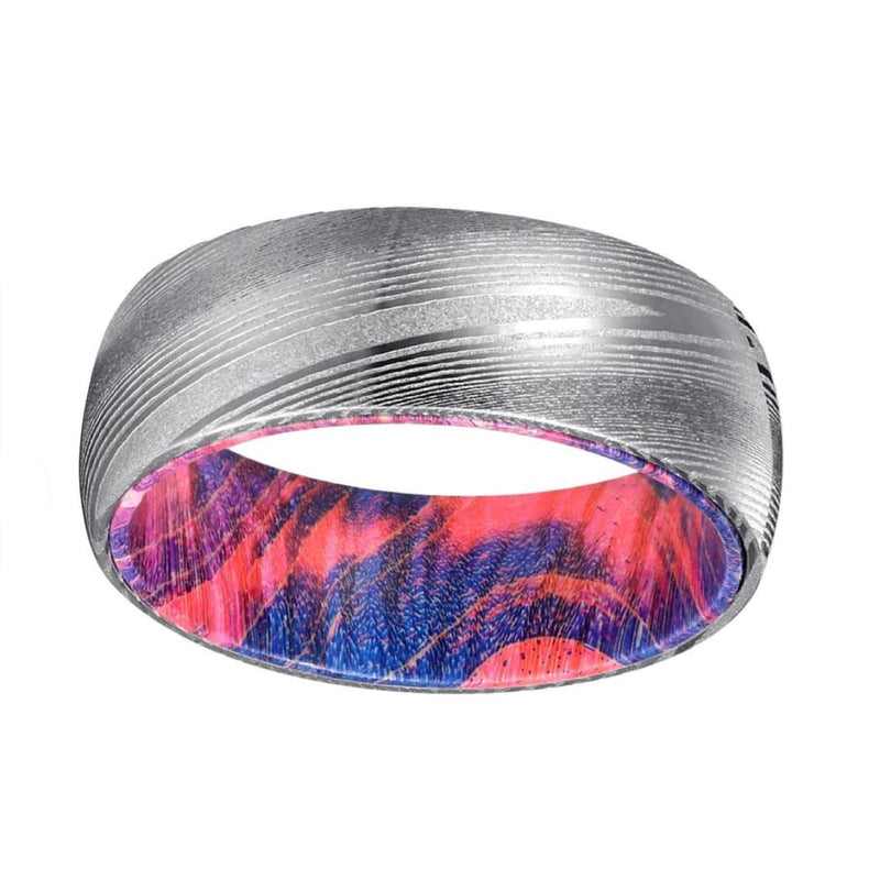 DEO Brushed Damascus Steel Ring with Red & Blue Box Elder Wood Sleeve 8mm