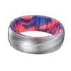 DEO Brushed Damascus Steel Ring with Red & Blue Box Elder Wood Sleeve 8mm