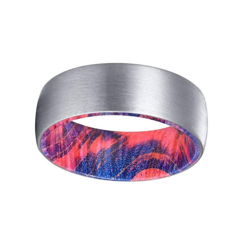 DEUS Men’s Tungsten Wedding Band with Red & Blue Box Elder Wood Sleeve 8mm