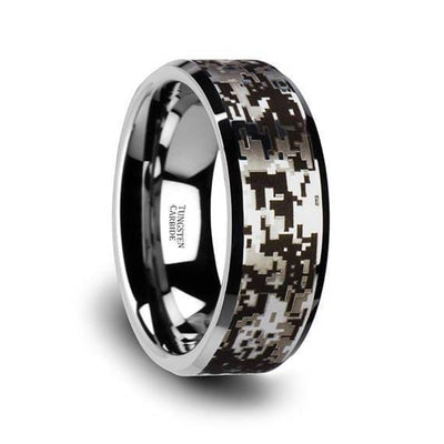 Digital Camouflage Silver Tungsten Wedding Ring Beveled Polished Finish - 8mm