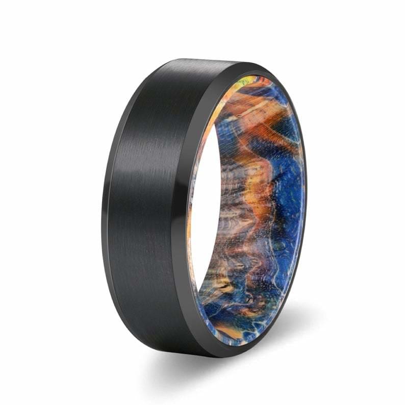 DIOR Men’s Black Tungsten Carbide Ring with Blue & Yellow Box Elder Wood Sleeve