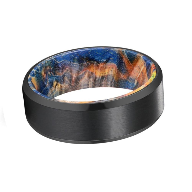 DIOR Men’s Black Tungsten Carbide Ring with Blue & Yellow Box Elder Wood Sleeve