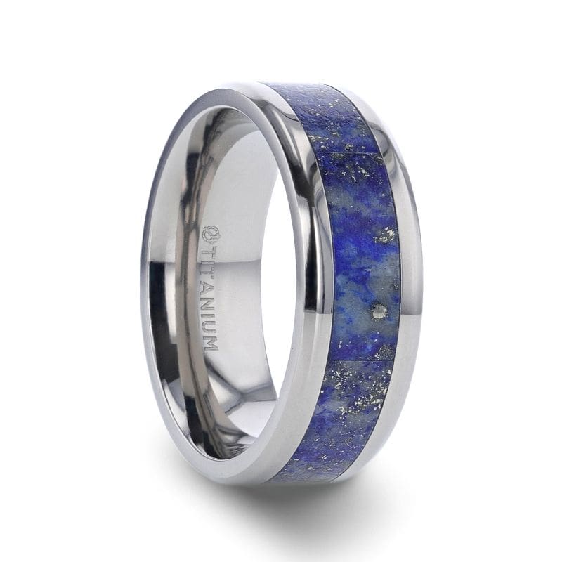 DIXON Men’s Titanium Wedding Ring With Blue Lapis Inlay & Beveled Edges - 8mm