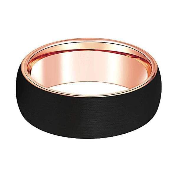 Domed Black Brushed Tungsten Wedding Band Rose Gold Inlaid Inside 6mm & 8mm