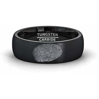 Domed Finger Print Engraved Black Tungsten Wedding Ring With Brushed Center - 8mm