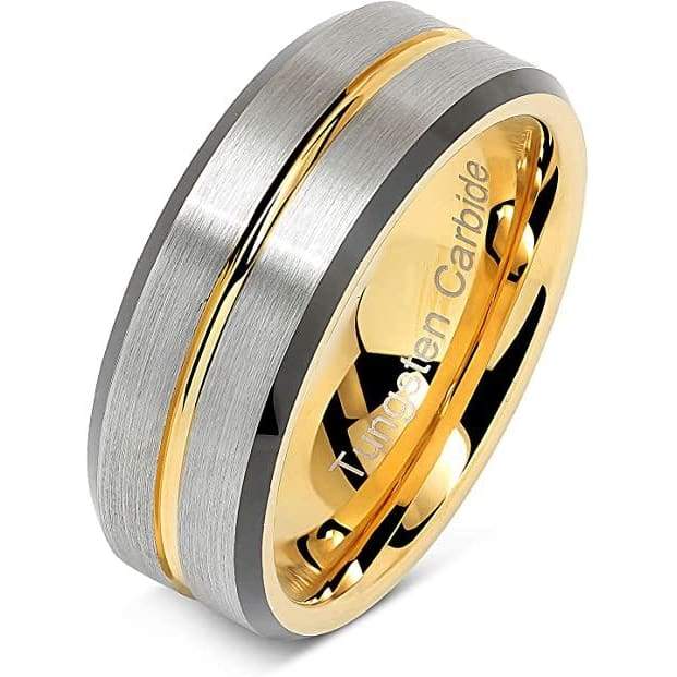 Duxbury Grooved Yellow Golad Inlaid Brushed Center Tungsten Carbide Ring - 8mm