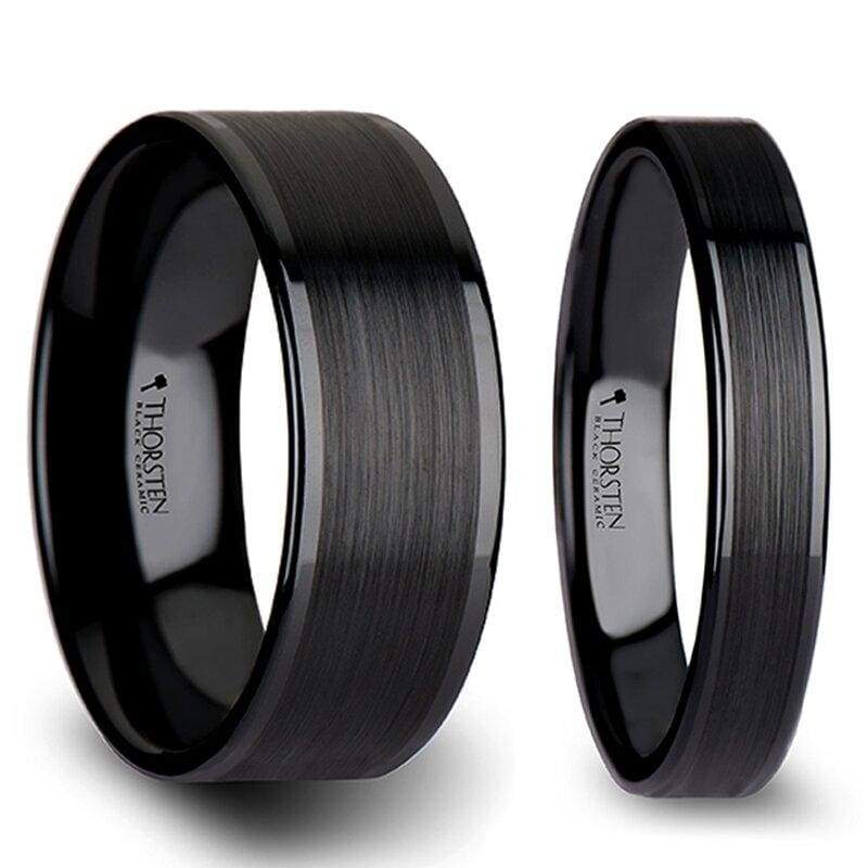 Echan Couple’s Black Ceramic Wedding Band Set And Brush Center - 4mm - 12mm