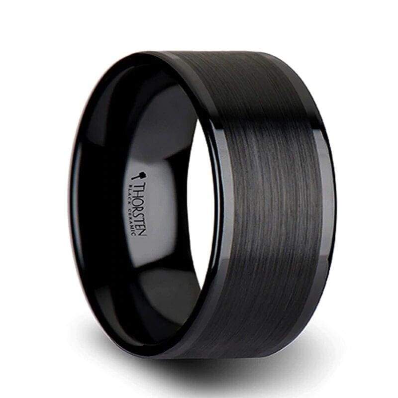 Echan Couple’s Black Ceramic Wedding Band Set And Brush Center - 4mm - 12mm