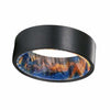 EDEL Black Pipe Cut Brushed Tungsten Ring with Blue & Yellow Box Elder Wood Sleeve