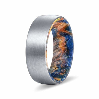 EHAN 8MM Men’s Brushed Tungsten Ring with Blue/Yellow Box Elder Wood Sleeve