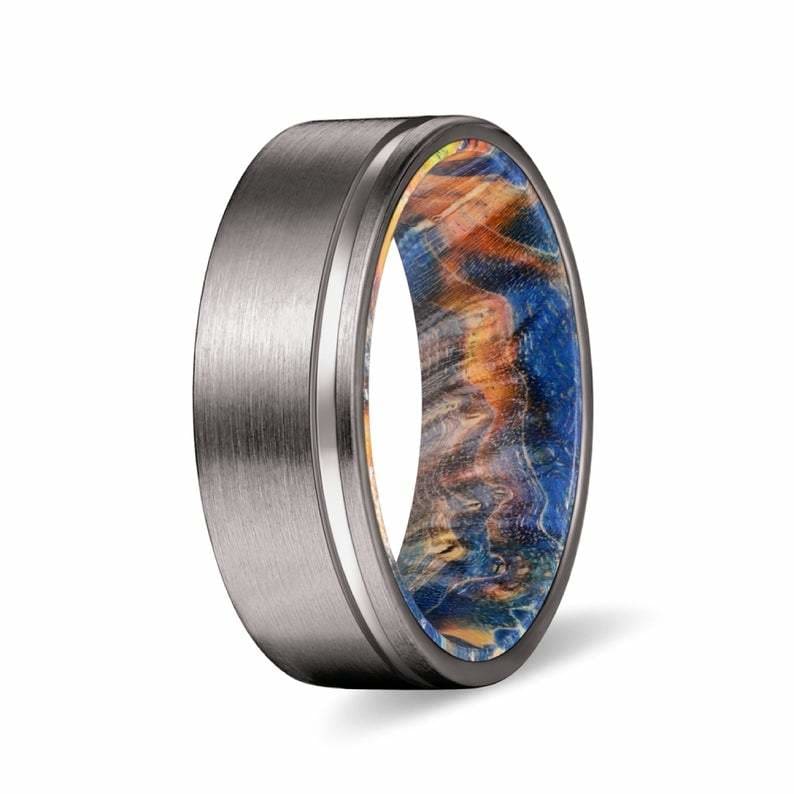 ELIO 8MM Men’s Grooved Tungsten Ring with Yellow/Blue Box Elder Wood Sleeve