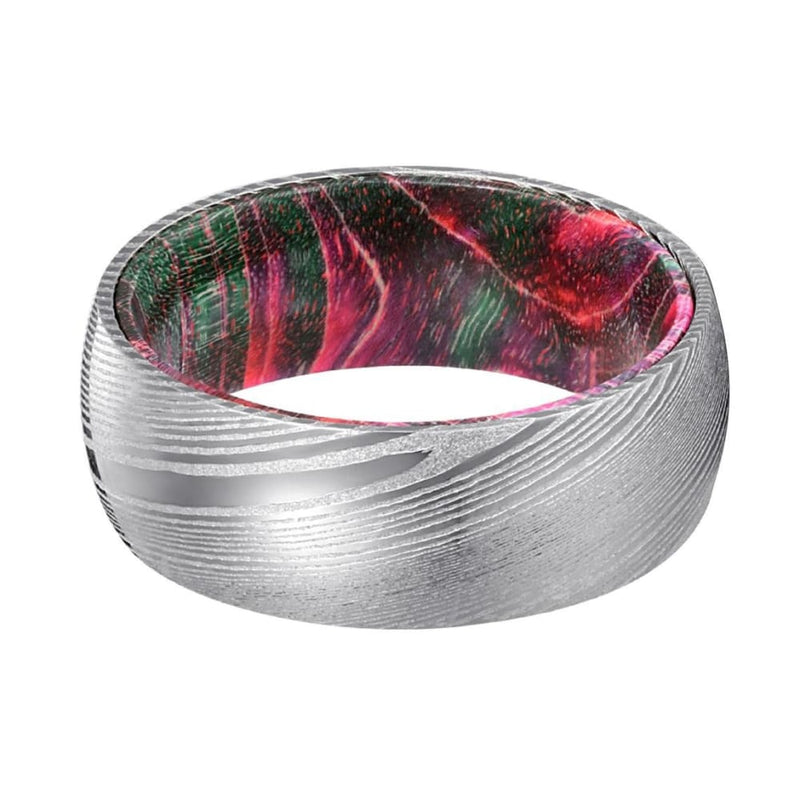 ELTON Men’s Damascus Steel Ring with Red/Green Wood Sleeve 8mm