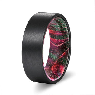 ELVIO Flat Black Tungsten Carbide Band with Red/Green Box Elder Wood Sleeve 8MM