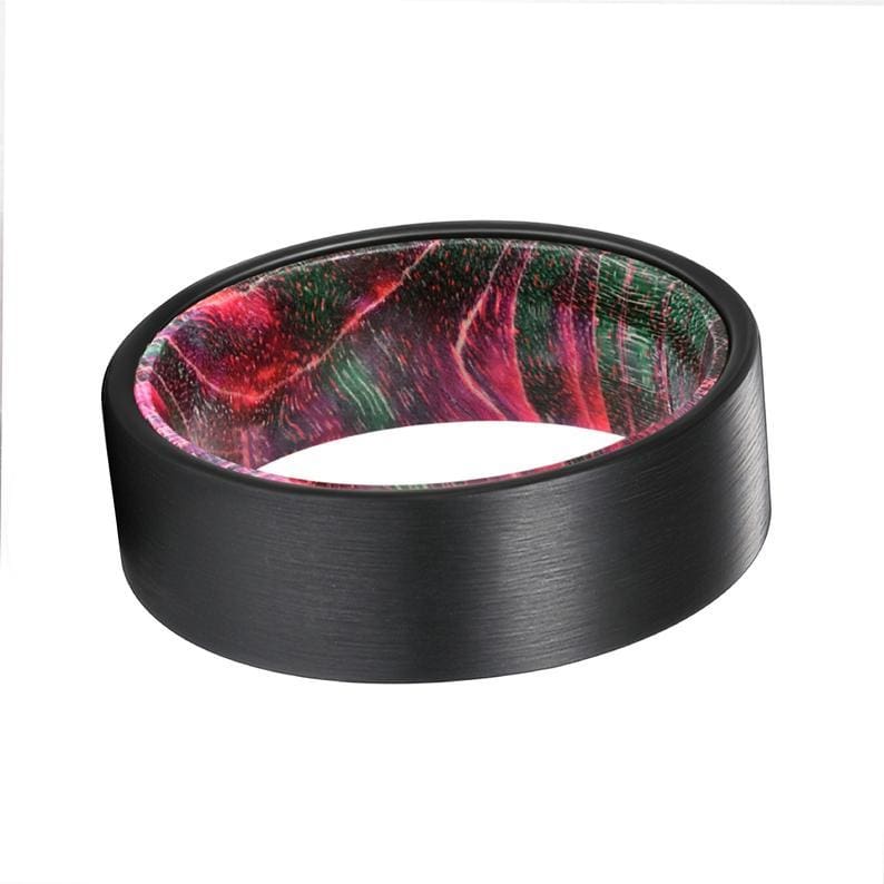 ELVIO Flat Black Tungsten Carbide Band with Red/Green Box Elder Wood Sleeve 8MM