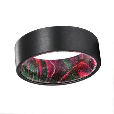 ELVIO Flat Black Tungsten Carbide Band with Red/Green Box Elder Wood Sleeve 8MM