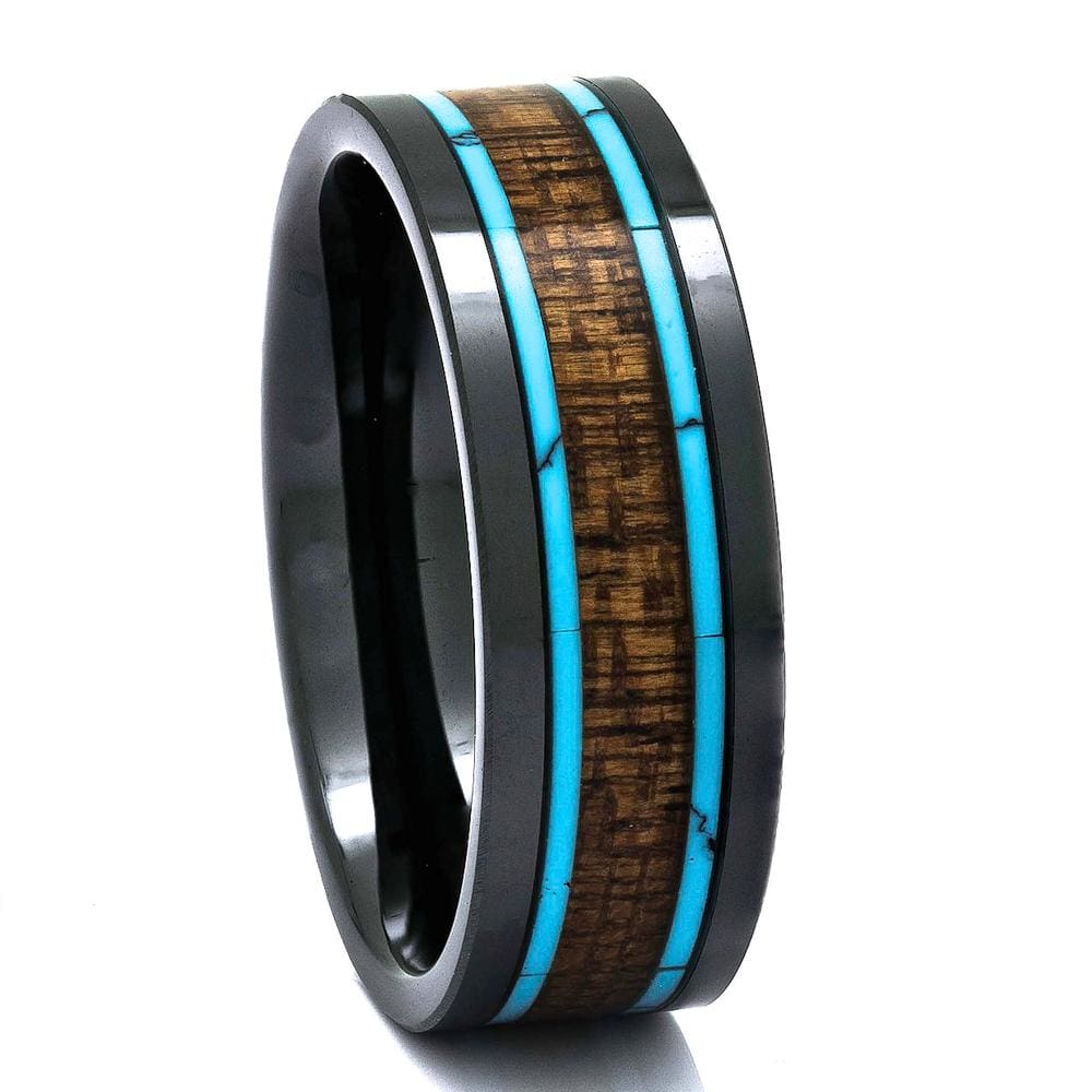 Evon Black Ceramic Wedding Band Hawaiian Koa Wood and Turquoise inlays 8mm