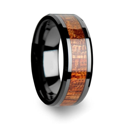 Exotic Mahogany Hard Wood Inlaid Black Ceramic Wedding Band 4mm-10mm