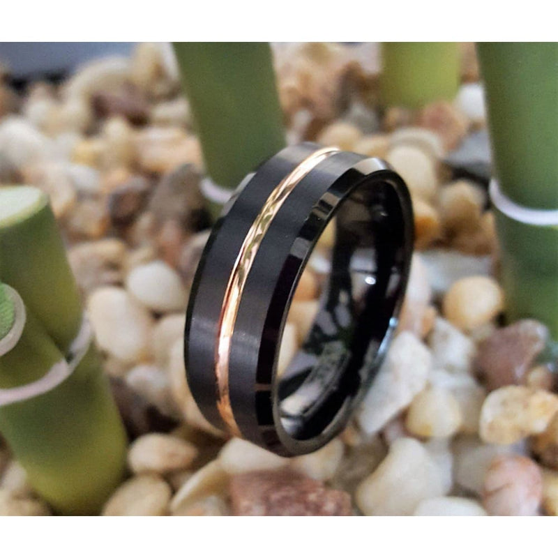 Exquisite Black Tungsten Ring W/ Ion Plated Rose Gold Stripe & High Polished Beveled Edges 6mm 8mm