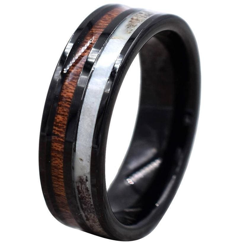 Exquisite Black Tungsten Wedding Band With Deer Antler and Hawaiian Koa Wood Inlay 8mm