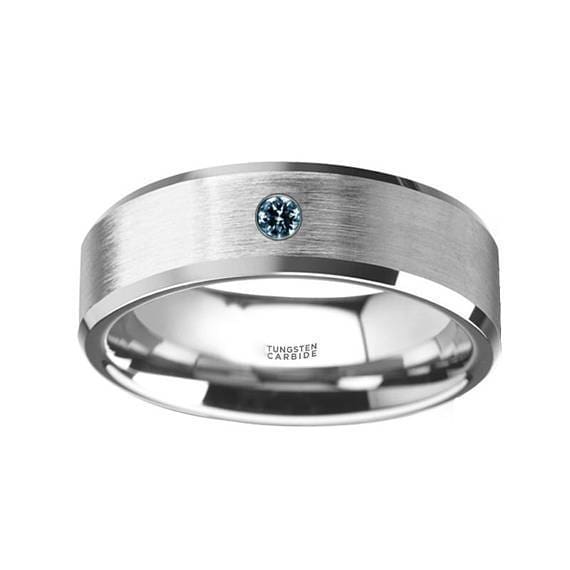 Flat Tungsten Wedding Band W/ Blue Diamond Setting with Beveled Edges 6mm & 8mm