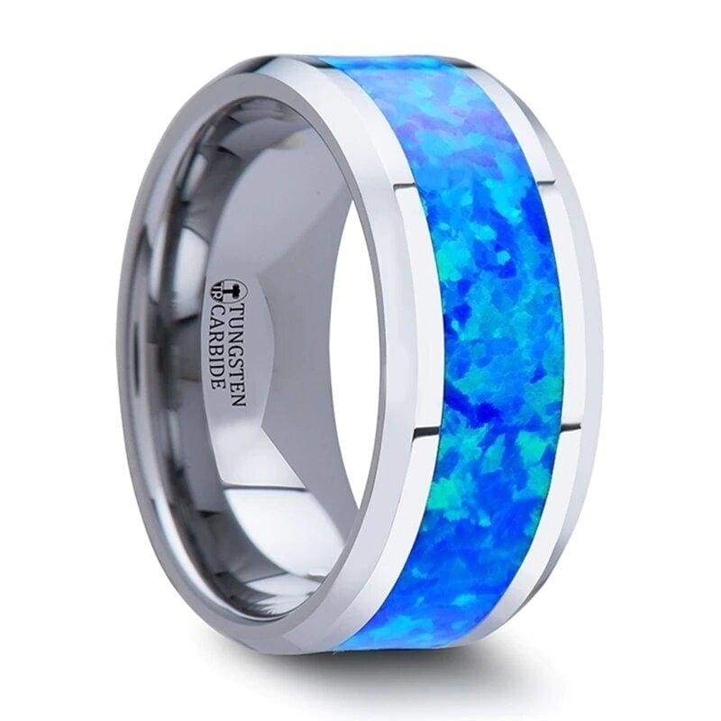 Gabriel Tungsten Wedding Band Set With Blue Green Opal Inlay - 4mm - 10mm