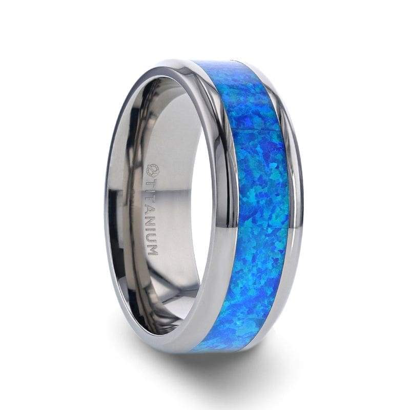 GARY Men’s Titanium Wedding Band With Blue Green Opal Inlay - 8 mm